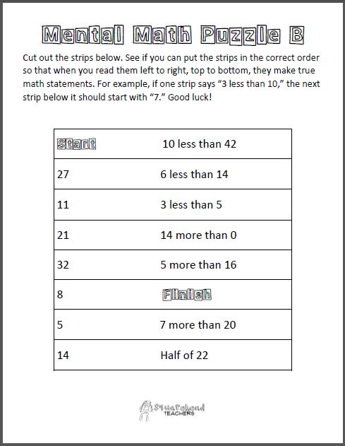 Psych Math Problem Mental Math (Printable Puzzles) | Squarehead Teachers